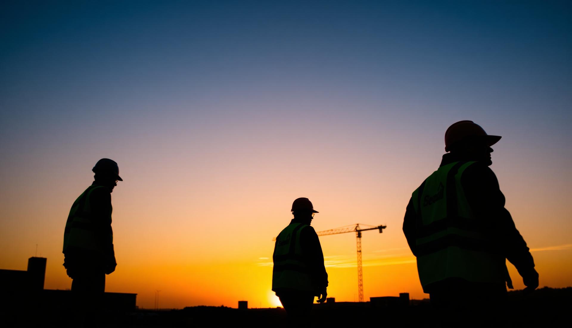 Construction workers silhouetted at dawn